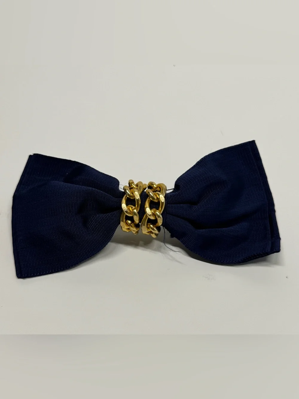 Bow Hair Clips Made In France Ivory Navy Blue Gold Tone Chain- Set Of 2